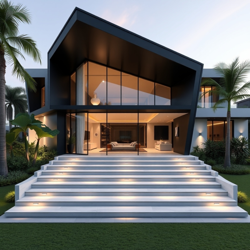 Modern minimalist home exterior with sleek lighting and open glass windows.