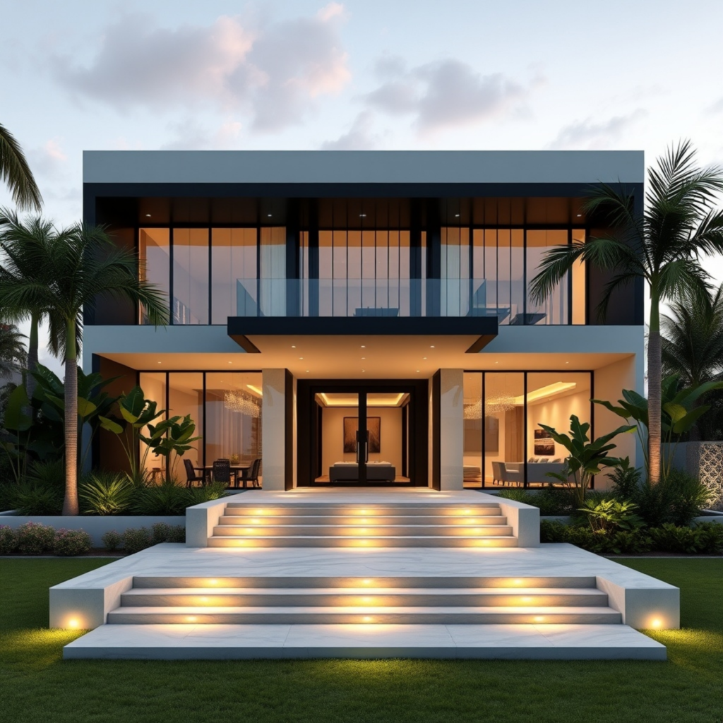 Modern luxury home with illuminated staircase leading to glass-fronted living area, flanked by palm trees.