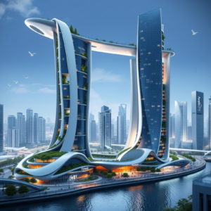 A futuristic architectural marvel with interconnected skyscrapers and green terraces, illustrating the integration of smart buildings and urban sustainability.