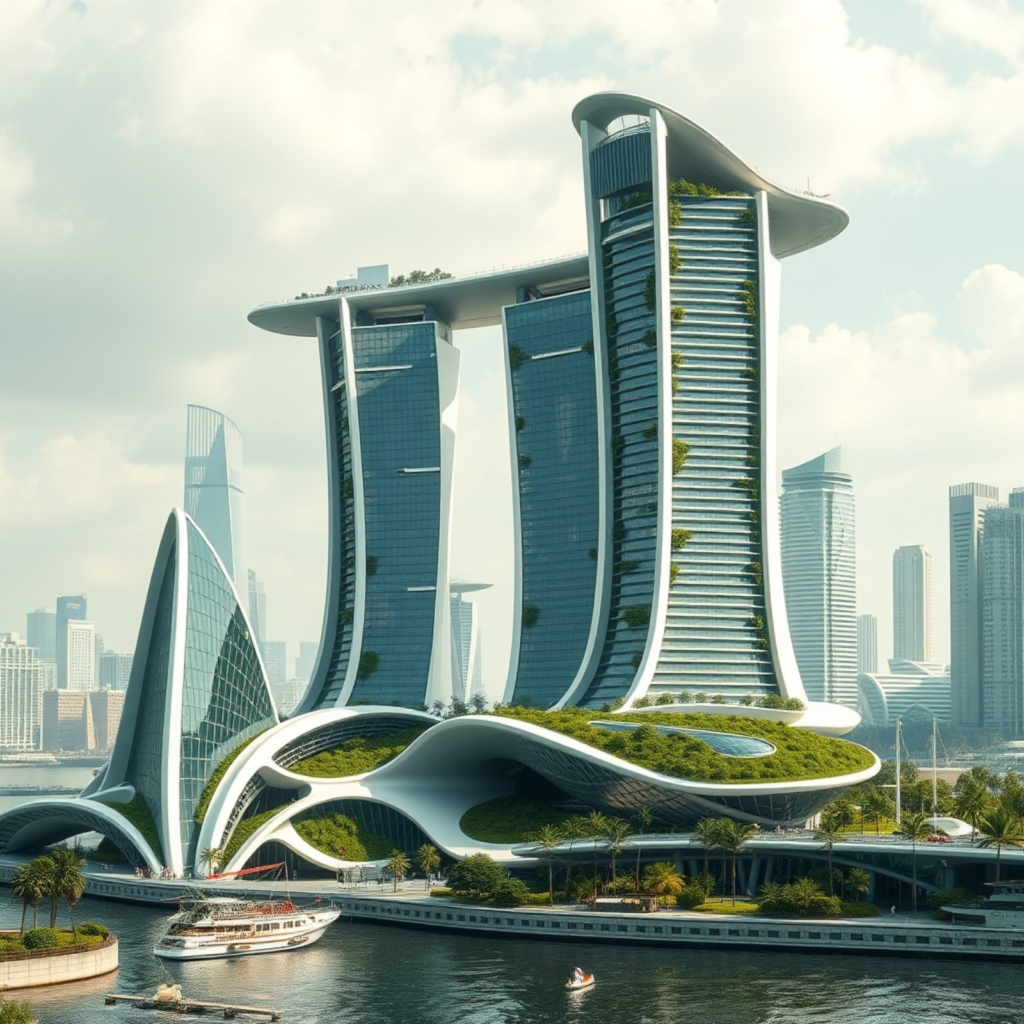 A futuristic architectural marvel featuring smart building designs integrated with green spaces, showcasing the seamless blend of technology and sustainability in a smart city setting.