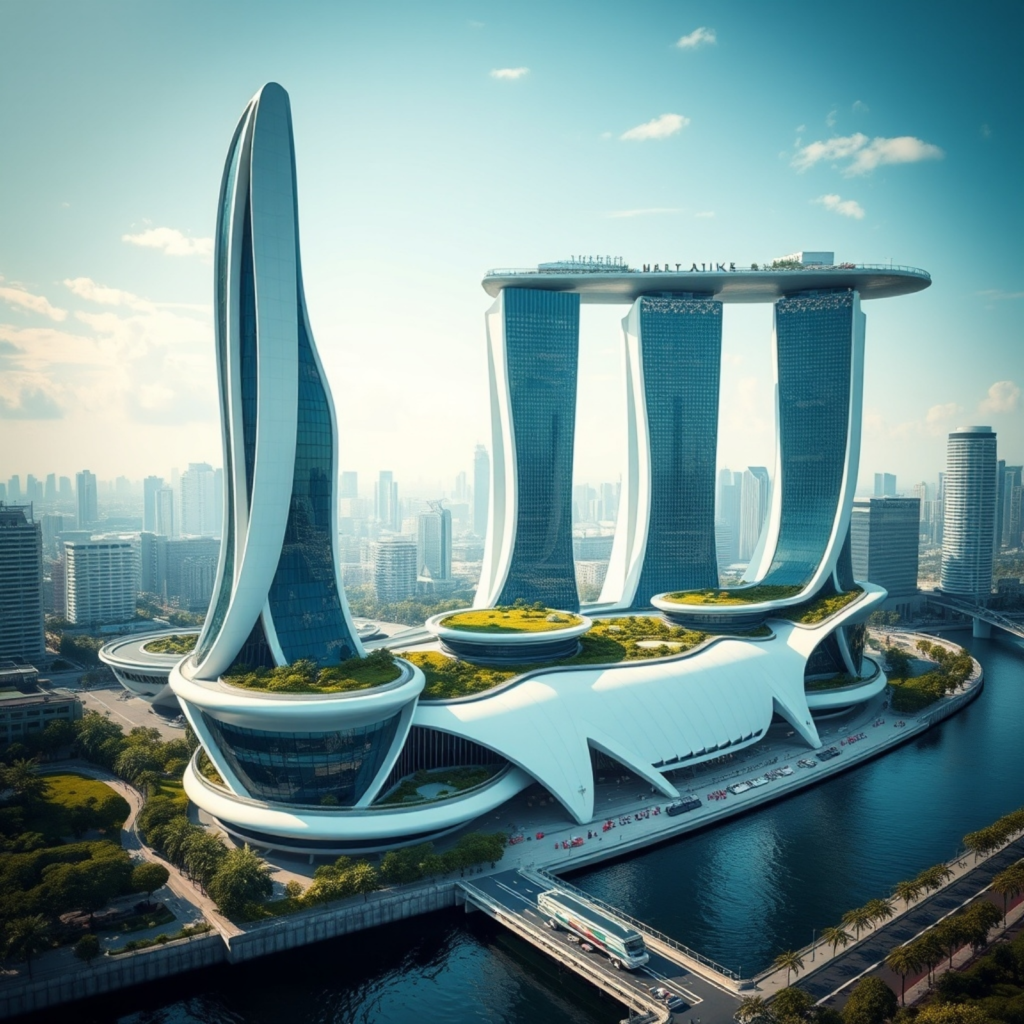 A futuristic smart city development with sleek, towering skyscrapers and integrated green spaces, representing the future of urban architecture and technology-driven design.