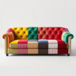 A beautifully crafted patchwork sofa with vibrant colors of red, green, yellow, and pink, adding a lively and modern touch to any interior design space.