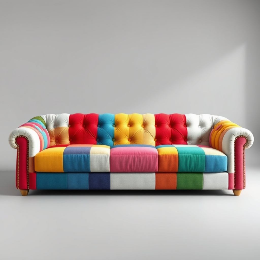 A colorful patchwork-style tufted sofa with vibrant fabric in shades of red, blue, yellow, green, and pink, ideal for modern interior design spaces.