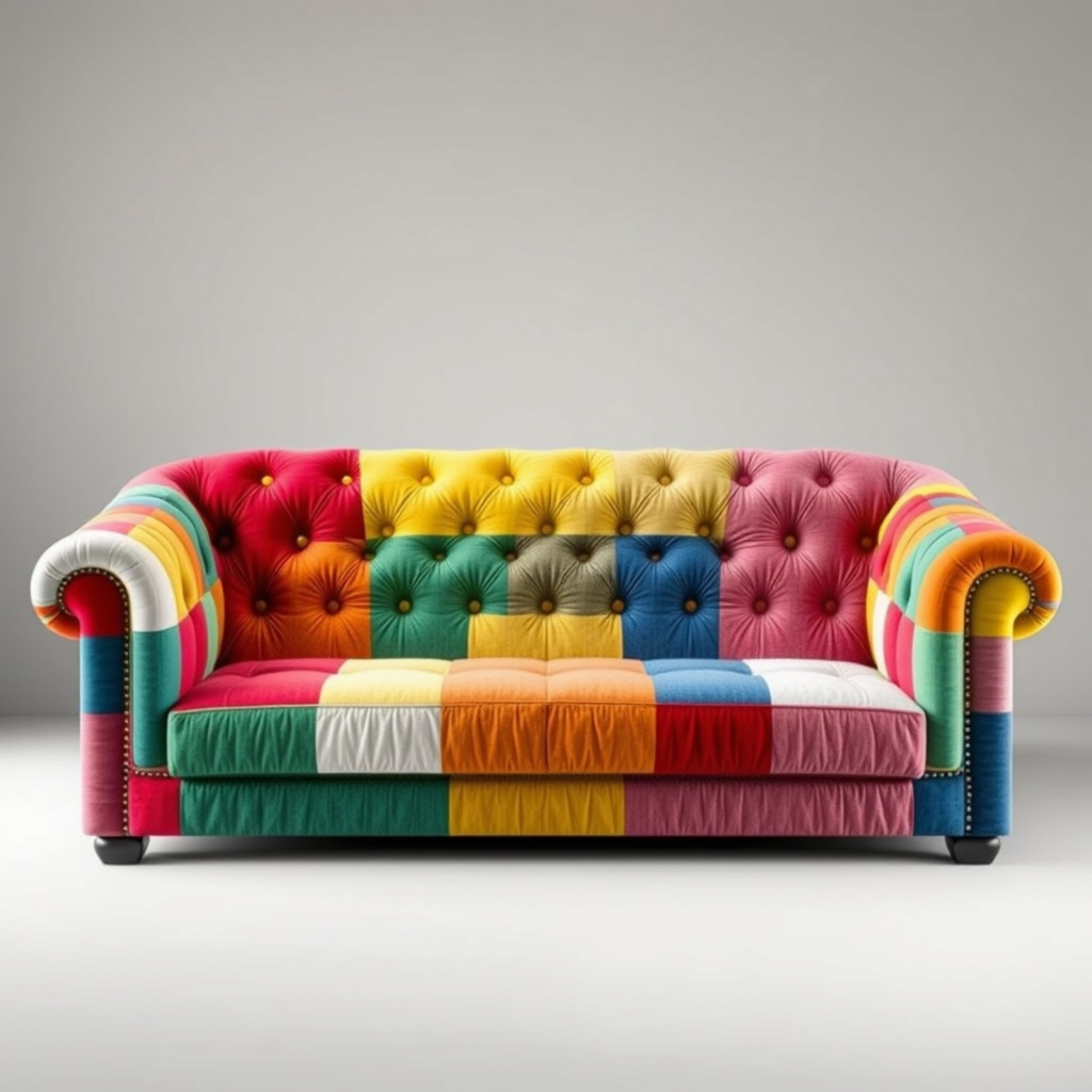 A brightly colored, patchwork-style tufted sofa with a mix of vibrant fabrics, representing modern and eclectic interior design.