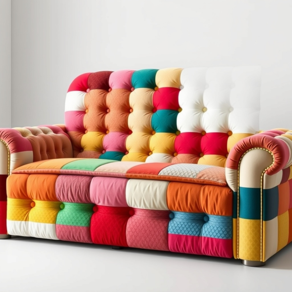 A multi-colored tufted sofa with vibrant, bold fabric design showcasing modern interior design aesthetics.