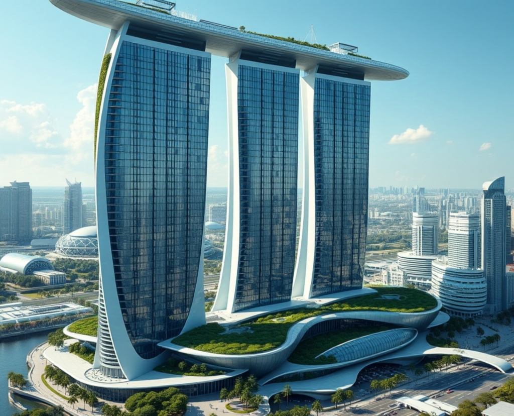 A futuristic architectural marvel featuring sleek, modern towers with integrated smart technology, showcasing the future of urban living with green spaces and advanced design elements.