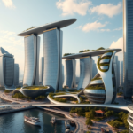 A futuristic smart building with sleek curved towers, incorporating vertical gardens and sustainable architecture, set against a vibrant city backdrop.