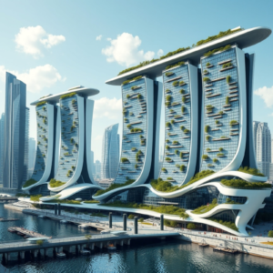 A futuristic smart building with sleek curved towers, incorporating vertical gardens and sustainable architecture, set against a vibrant city backdrop.