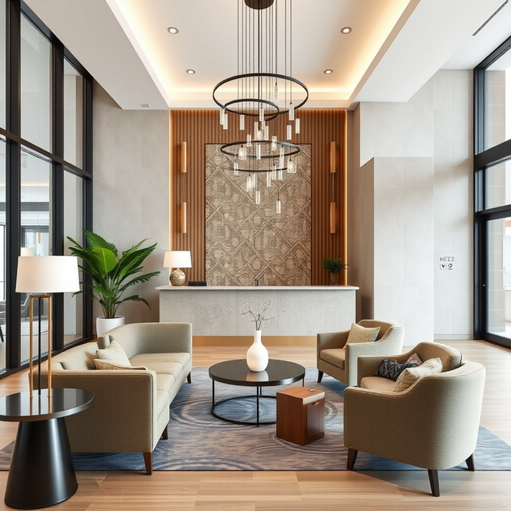 Contemporary hotel lobby featuring a circular seating arrangement, large windows, and premium materials, making a lasting impression on guests.