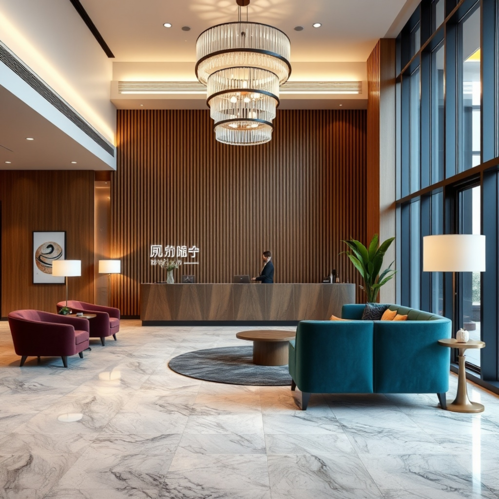 High-end lobby design with a central reception desk, statement lighting, and a mix of wood and marble finishes, exuding luxury and elegance.