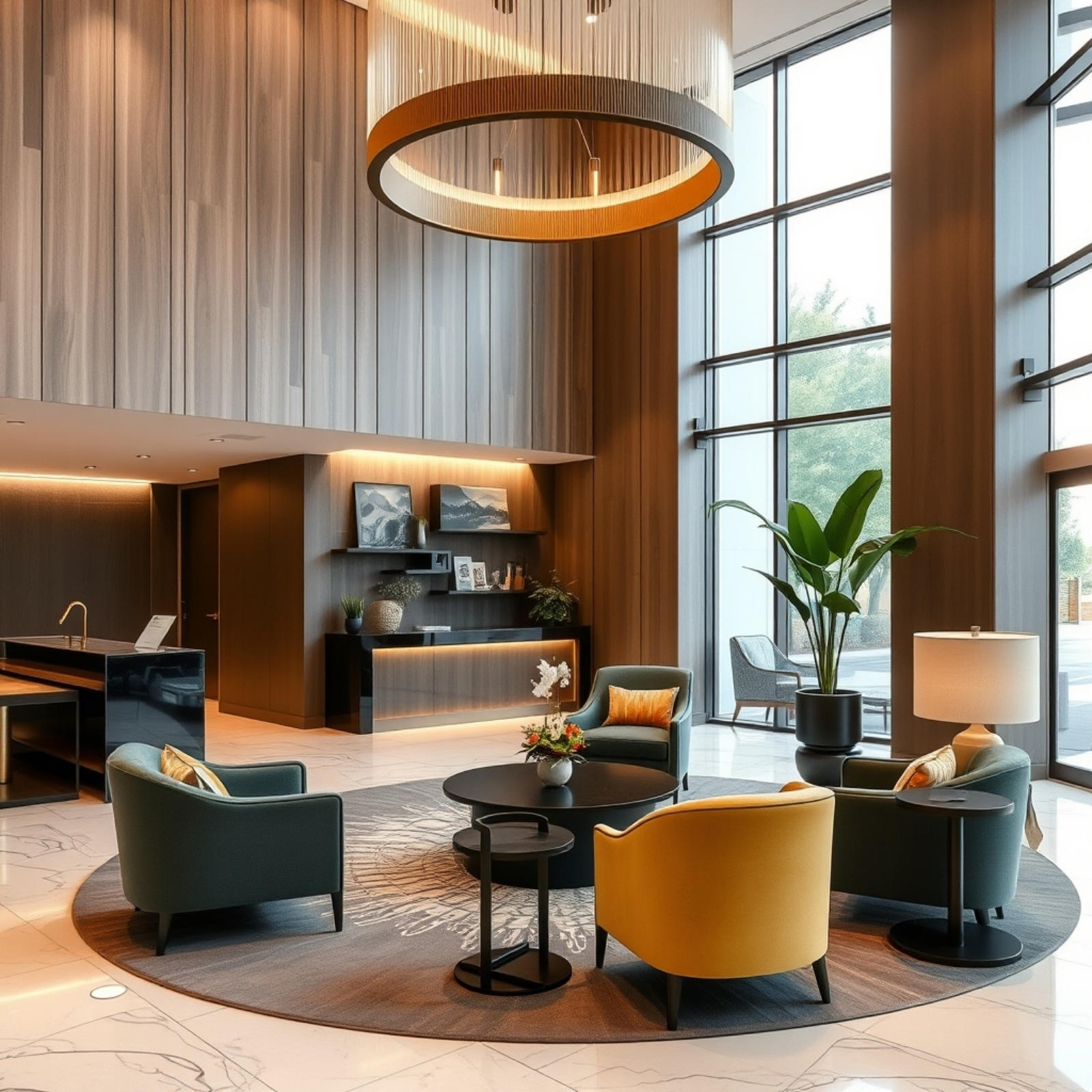 Luxurious hotel lobby featuring elegant lighting, plush seating, and a spacious layout, creating a welcoming and sophisticated ambiance.