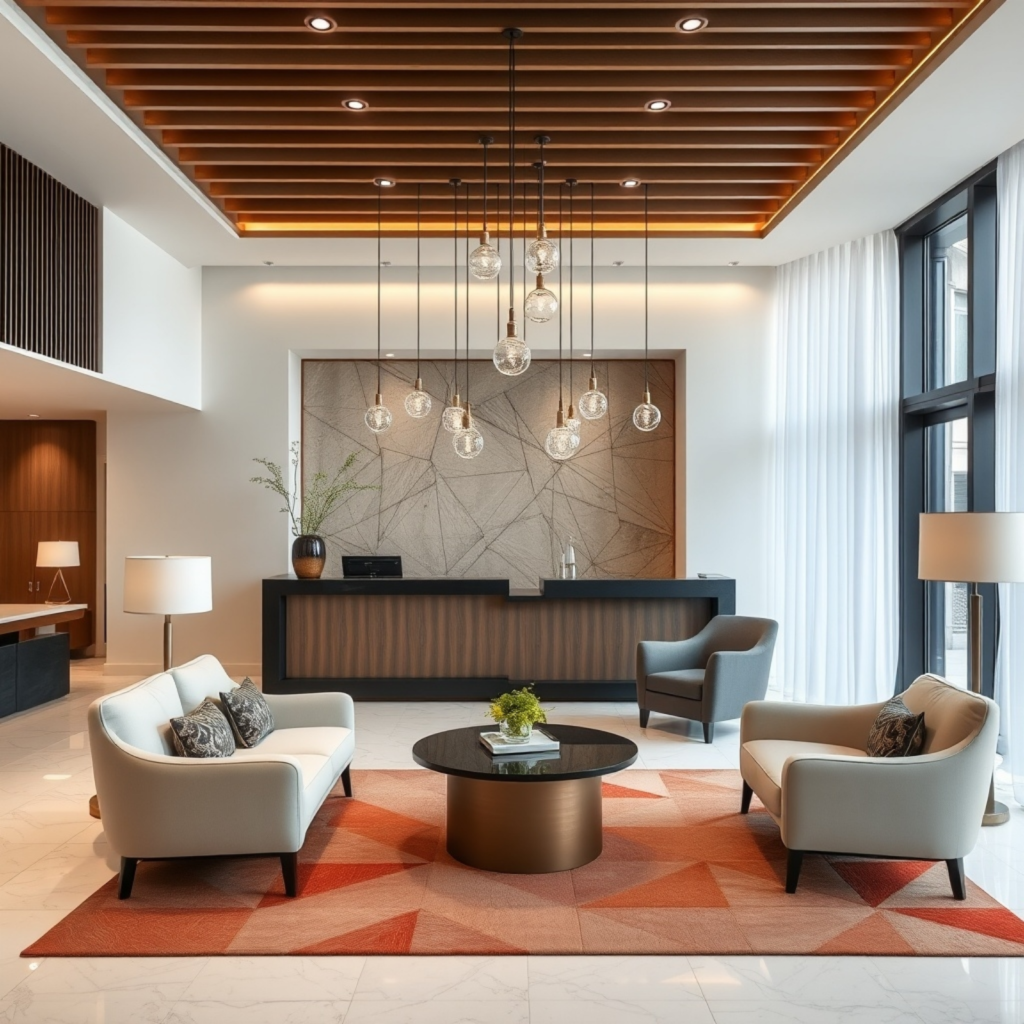 High-end hotel lobby design featuring a minimalist reception desk, layered lighting, and comfortable seating areas.
