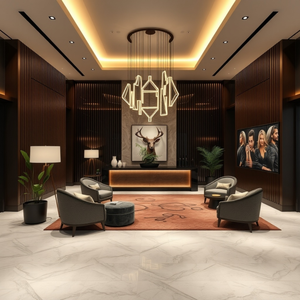 Luxury hotel lobby with dark wood accents, dramatic lighting, and contemporary artwork creating a sophisticated ambiance.