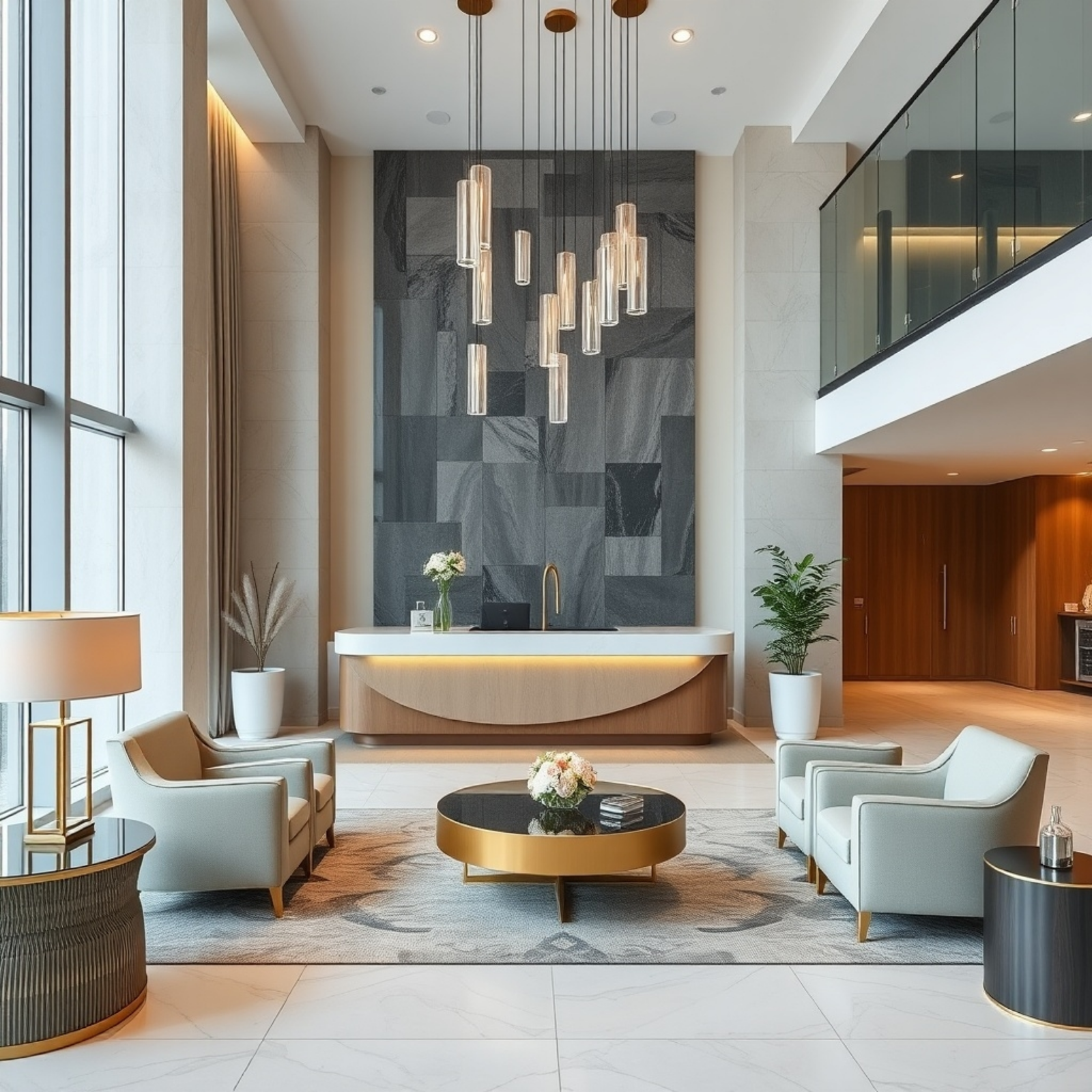 Modern hotel lobby featuring a sleek reception desk, statement lighting, and elegant seating arrangement.