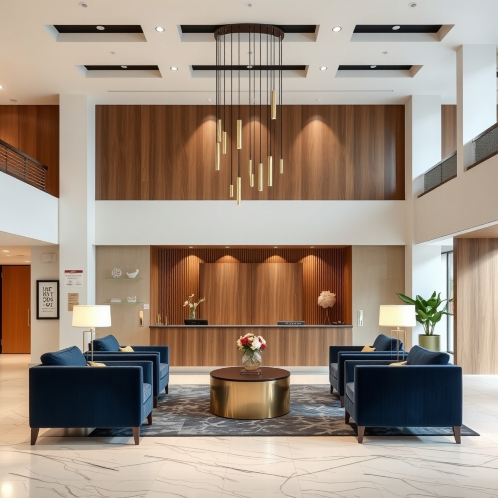 Sophisticated lobby design featuring a blend of modern and classic elements, with plush seating and a statement chandelier.