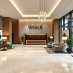 Modern hotel reception with warm lighting, elegant wood paneling, and a central reception desk, designed for a high-end corporate setting.