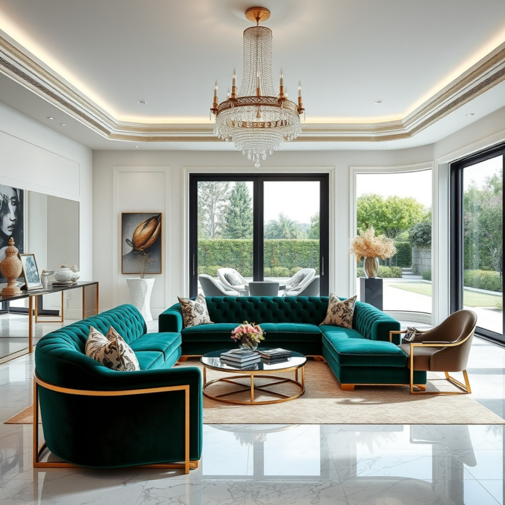 Classic-meets-modern living room showcasing a curved emerald green sofa, gold details, and a central chandelier that adds a regal touch.