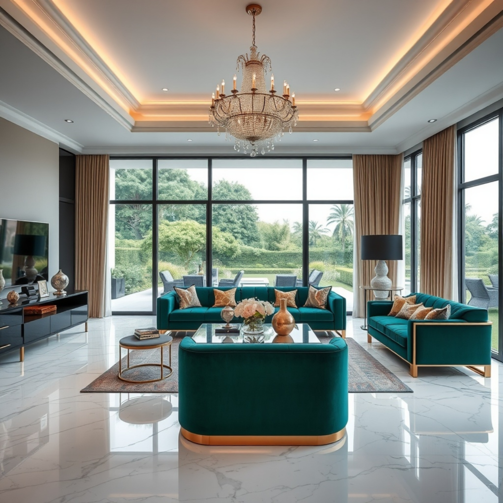 Elegant living room design with a deep green velvet sofa, gold-framed coffee tables, and a statement chandelier in a spacious, light-filled setting.