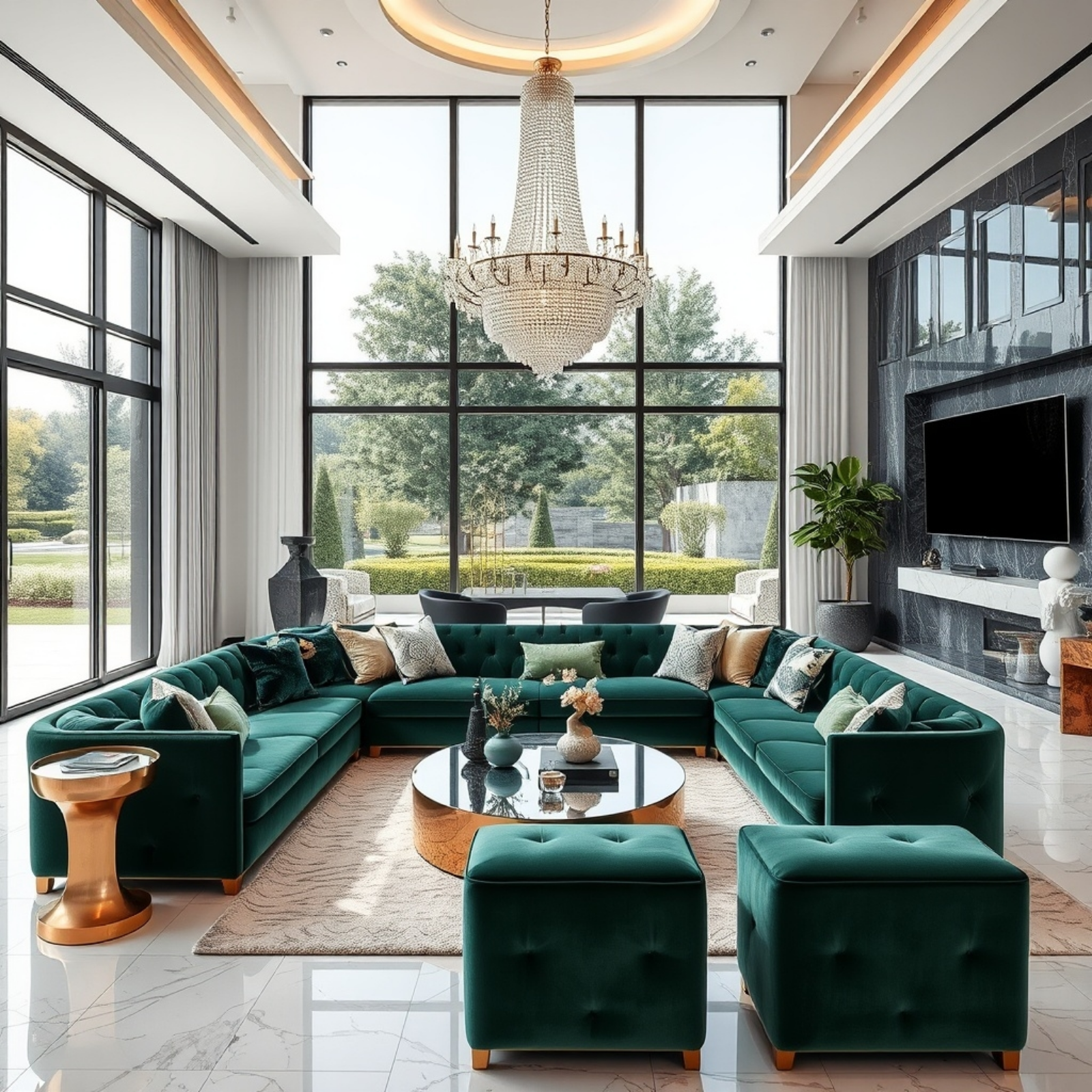 Luxurious living room featuring an emerald green sofa, gold accents, and a crystal chandelier, set against expansive floor-to-ceiling windows.