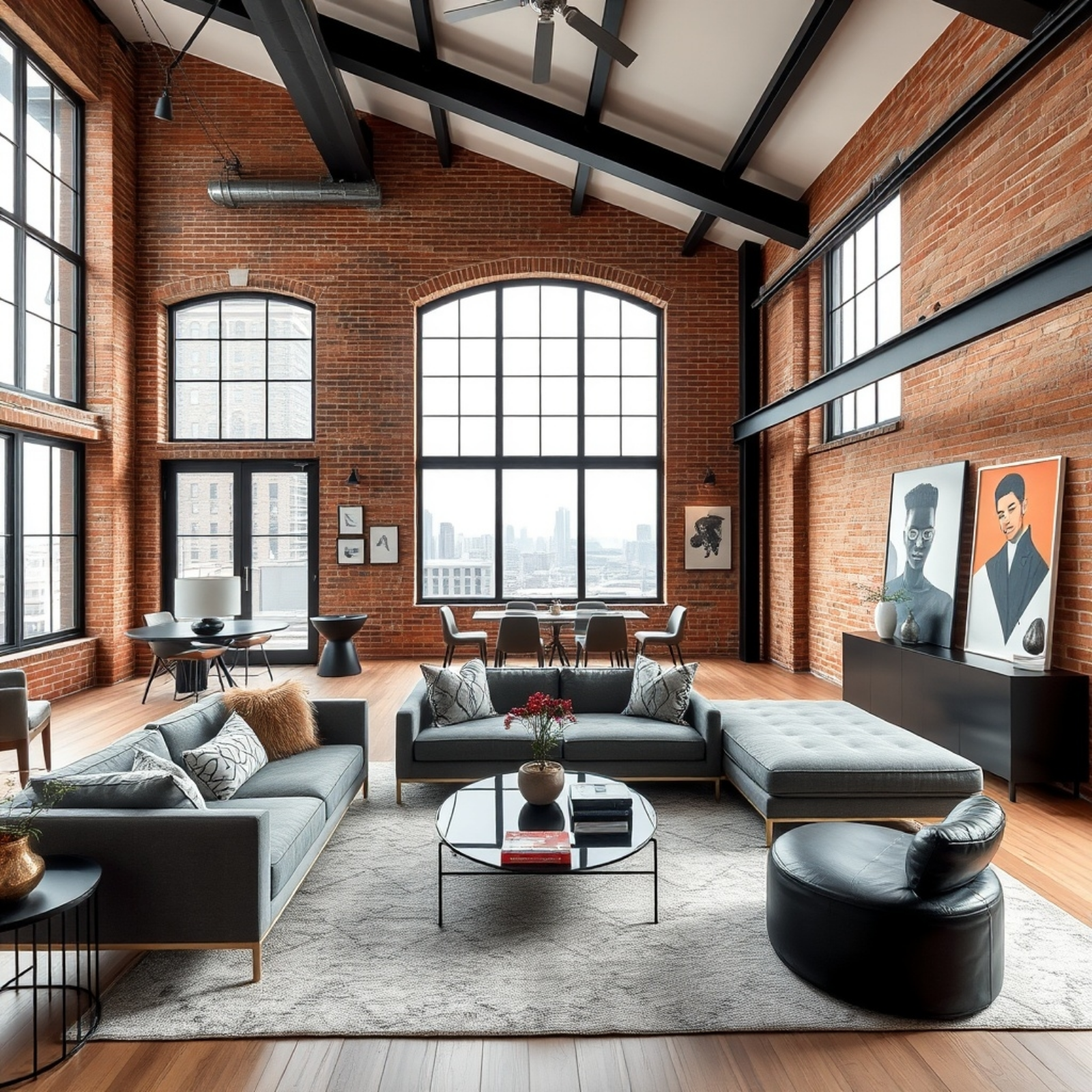 Loft-style living room with exposed brick walls, high ceilings, and modern furniture, creating a perfect blend of industrial and contemporary aesthetics.