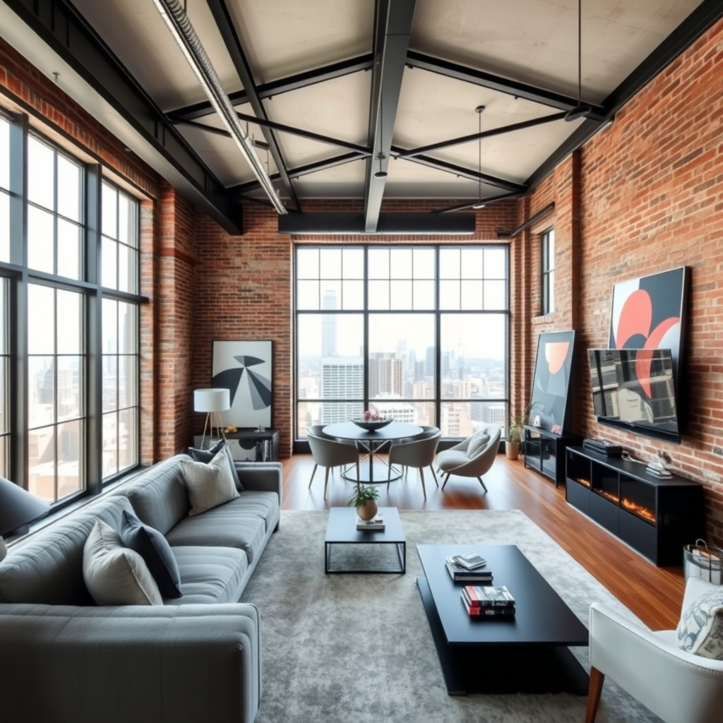 Open-plan loft with a combination of exposed brick, steel beams, and contemporary decor, designed to maintain a seamless flow of space and light.