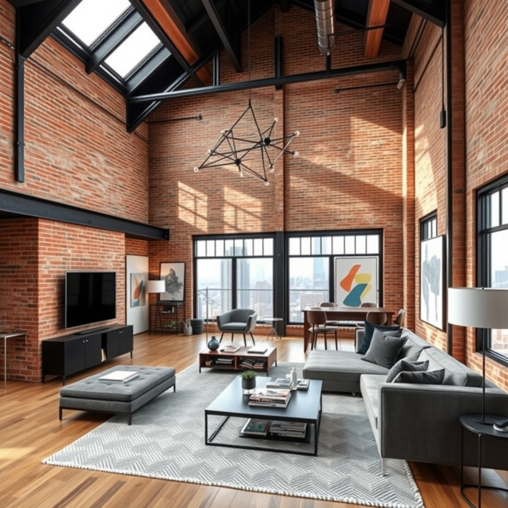 Spacious loft interior featuring large windows, exposed steel beams, and a minimalist layout, showcasing a balance between raw and refined elements.