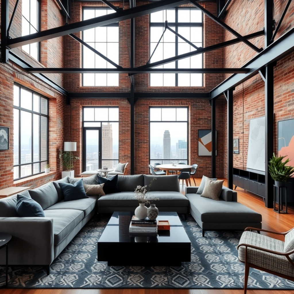 Industrial loft space with modern furniture, geometric lighting fixtures, and expansive views, exuding a modern yet cozy atmosphere.