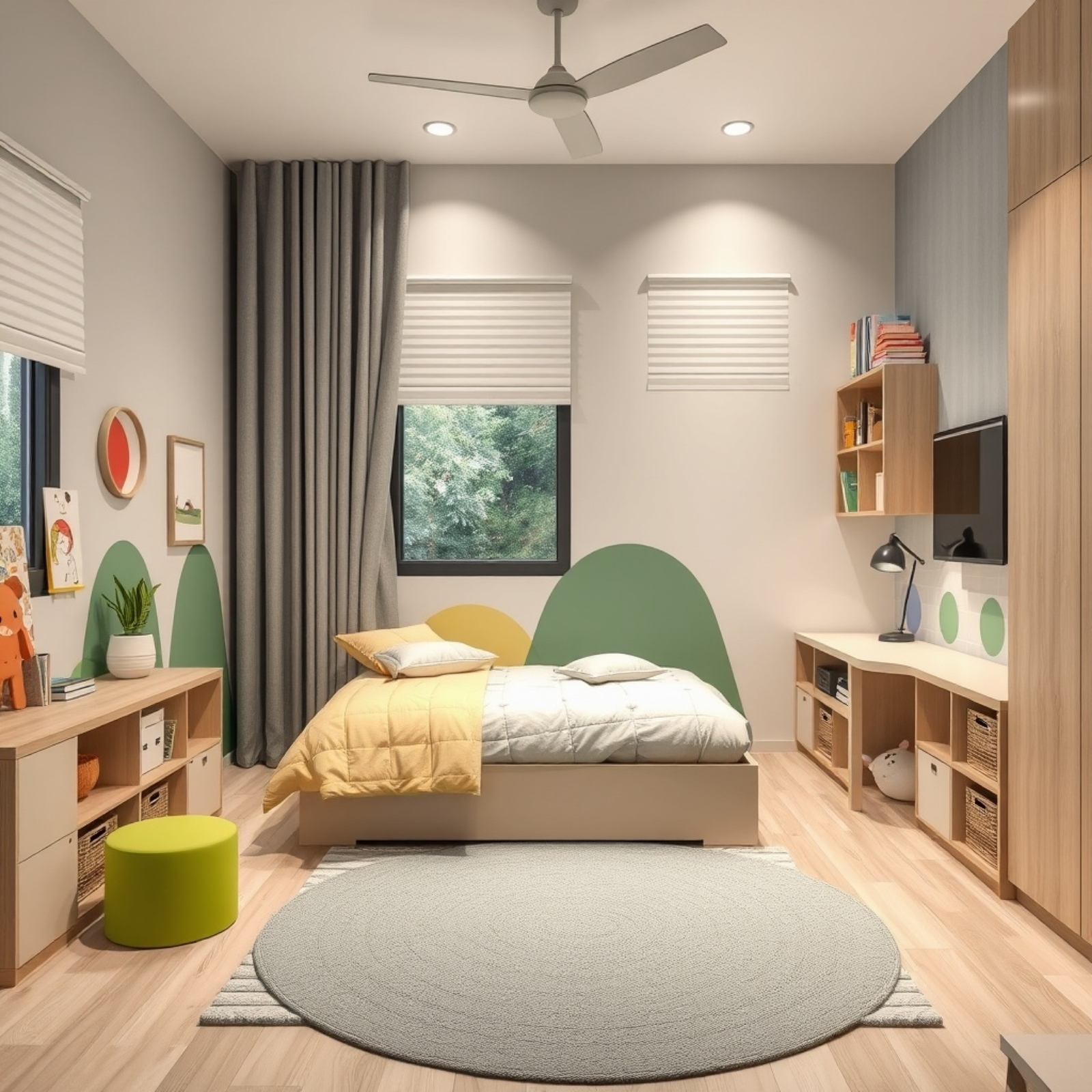 Modern children's bedroom design with teal and yellow accents, showcasing a cozy bed, study desk, and smart storage solutions.