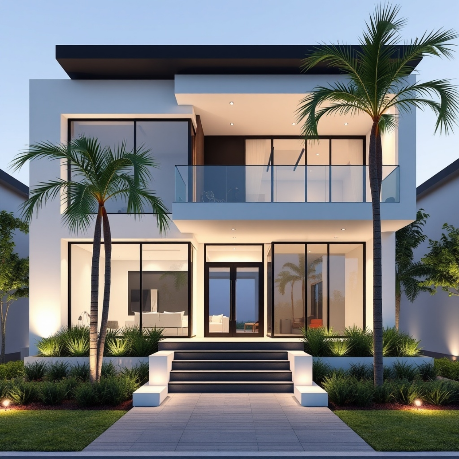 Modern minimalist home with a clean facade, large glass windows, and sleek outdoor lighting, showcasing contemporary architectural design.