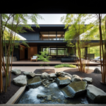 Japanese-inspired courtyard with a tranquil water feature, bamboo groves, and minimalist architecture, creating a serene outdoor space.