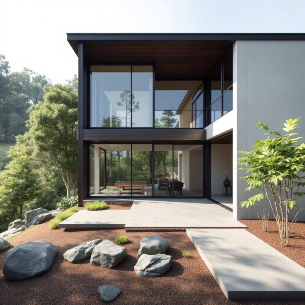 Modern minimalist home featuring expansive glass walls, a structured concrete patio, and a natural rock garden in a serene wooded setting.