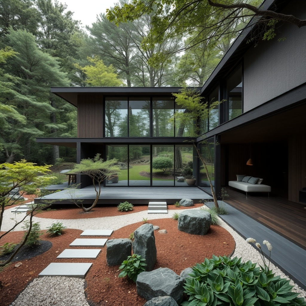 Modern home featuring expansive glass walls and a peaceful Zen-inspired garden with stepping stones, natural rocks, and greenery.