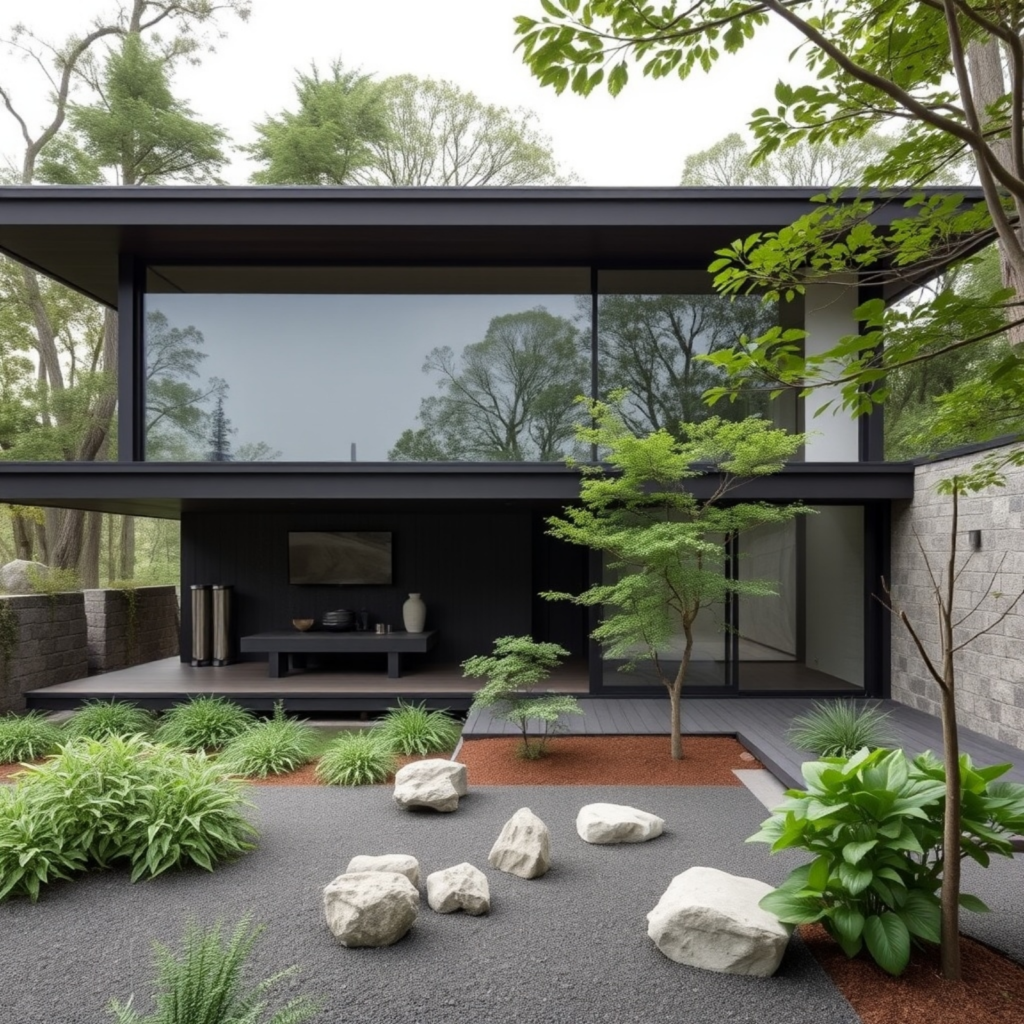 Minimalist home exterior featuring large glass walls, a flat roof, and a meticulously designed garden with white stones and lush greenery.