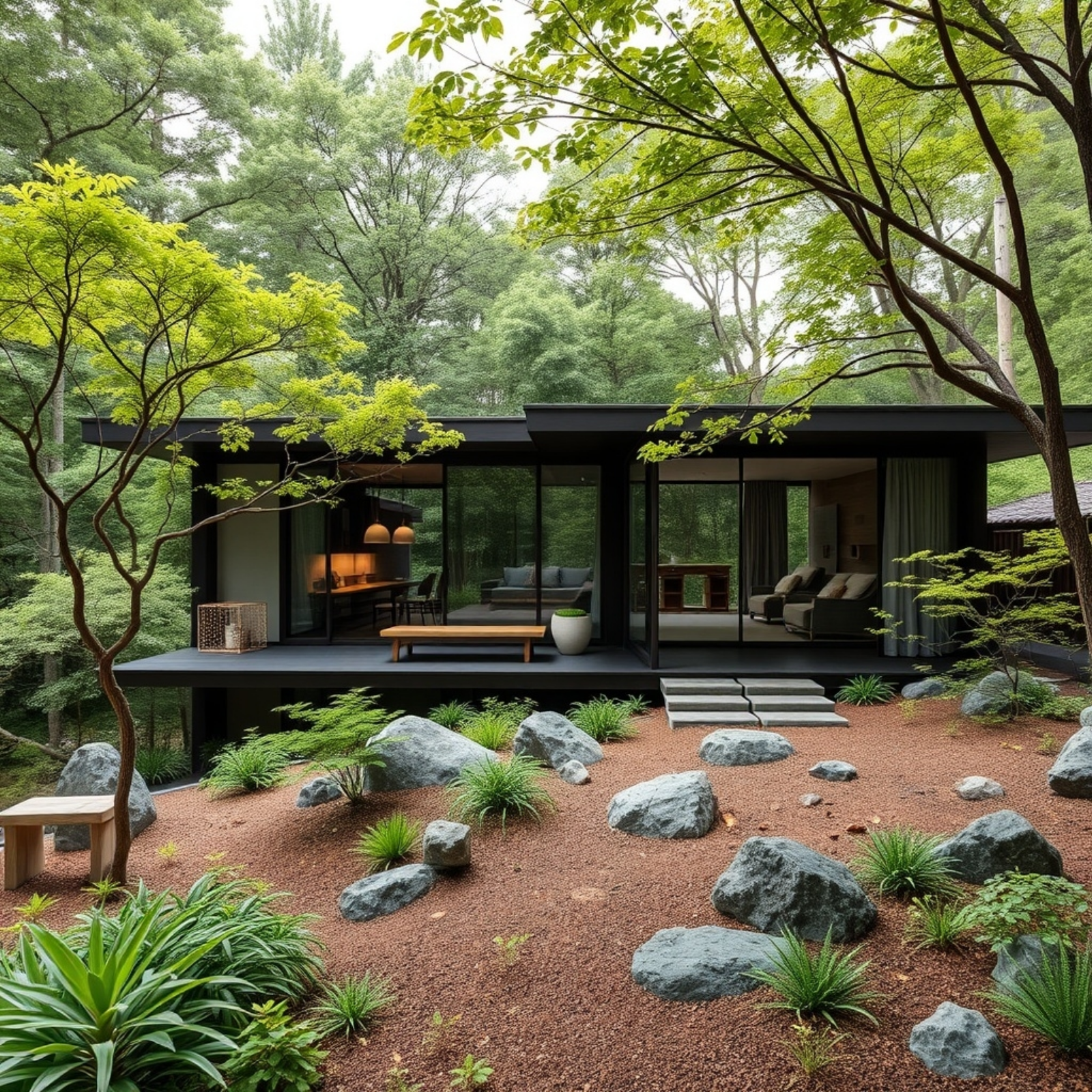 Modern Zen-inspired home exterior with large glass windows and a landscaped garden featuring natural rocks and greenery.