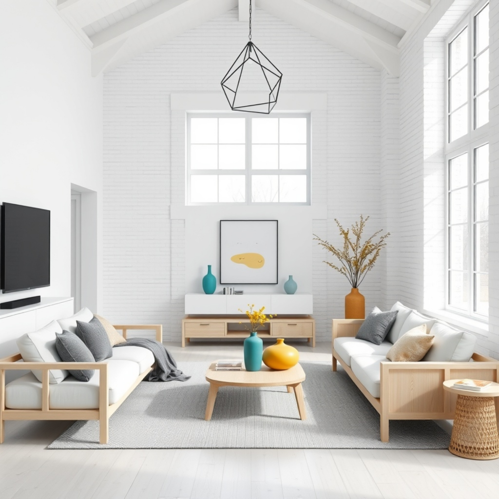 Modern Scandinavian-inspired living room with a vaulted ceiling, featuring light wooden furniture, neutral-toned cushions, and colorful vases in a bright, airy space.
