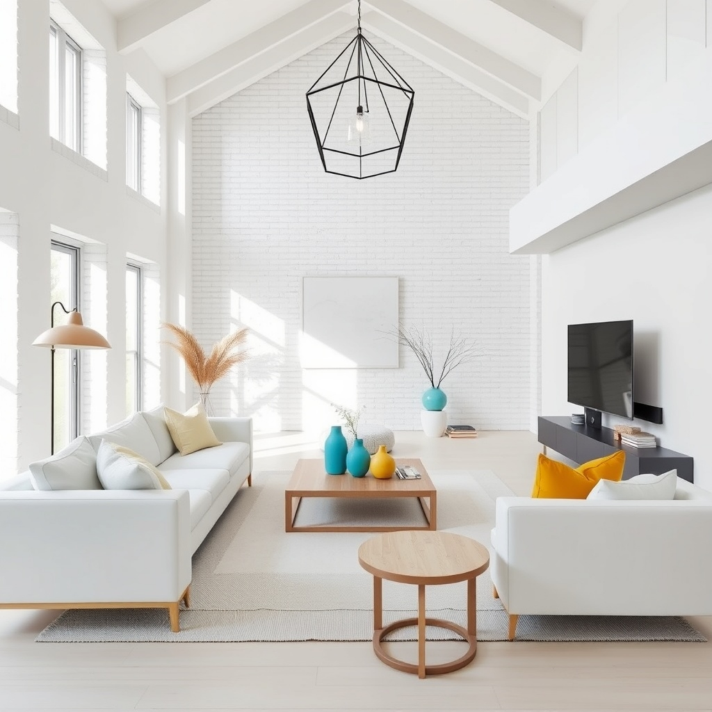 Bright, modern living room with a vaulted ceiling, white walls, and minimalistic furnishings featuring vibrant decor accents in yellow, blue, and natural wood.