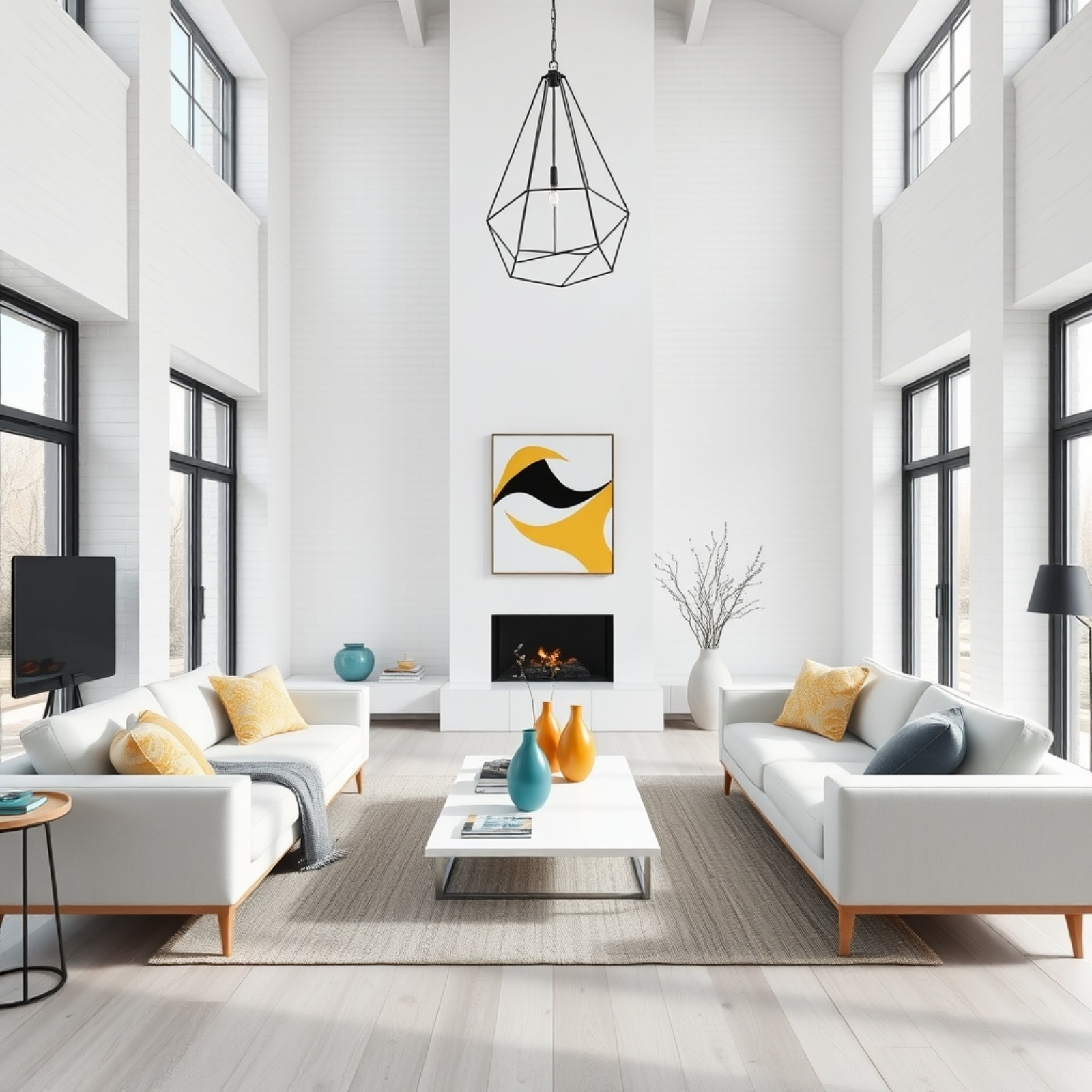 Modern living room with a high-ceilinged design, featuring large windows, neutral color tones, and bold accent colors in yellow and teal.