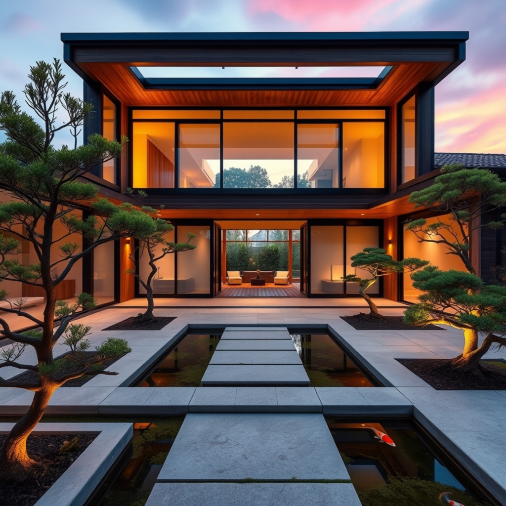 Modern Japanese courtyard with bonsai trees, koi pond, and minimalist architecture set against a sunset sky.