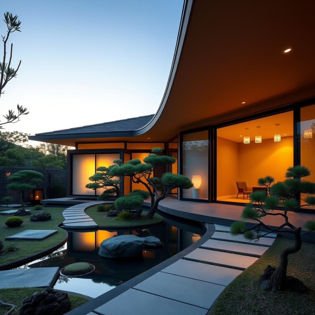 Elegant Japanese-inspired garden with a curved pathway, bonsai trees, and a serene pond, surrounded by minimalist architecture.