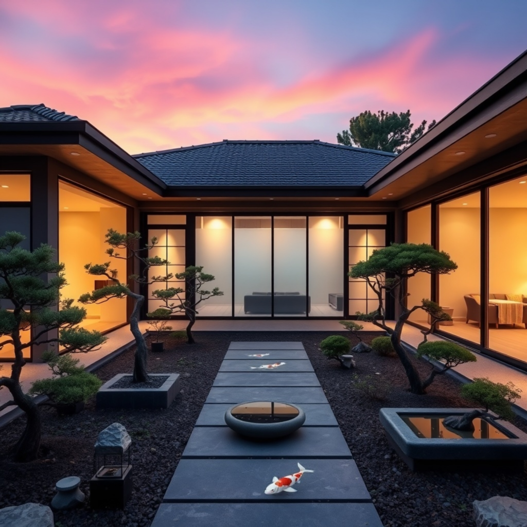 Japanese courtyard with koi pond and bonsai trees surrounded by a modern minimalist home design at dusk.