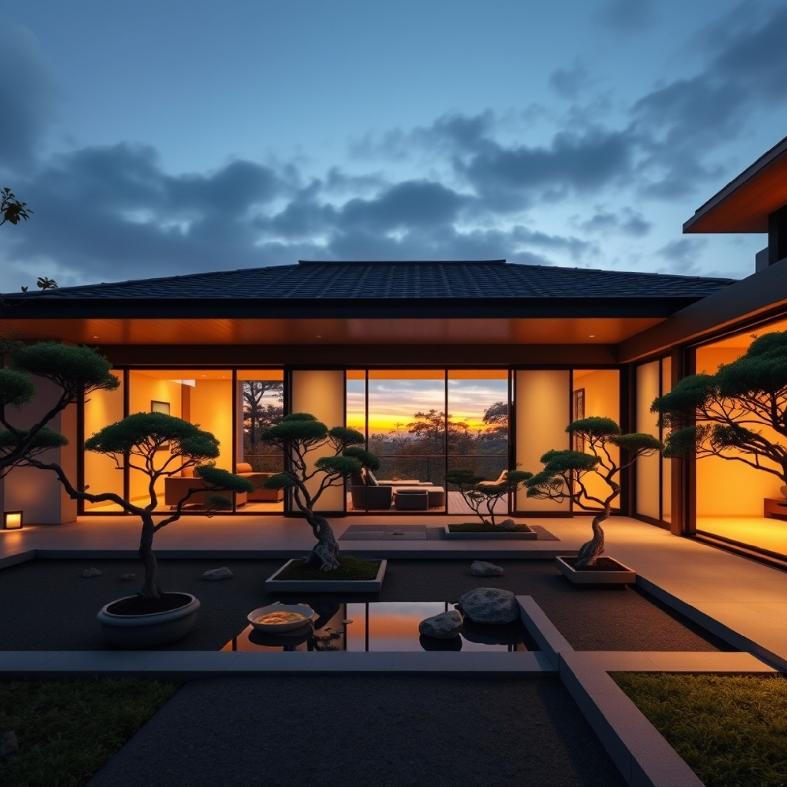 Zen-inspired modern home exterior featuring bonsai trees and a reflective water courtyard at sunset.