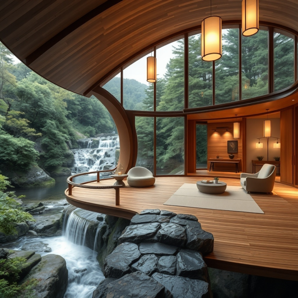 Modern wooden pavilion overlooking a scenic waterfall, featuring a curved roofline, floor-to-ceiling glass windows, and minimalist interior design elements.