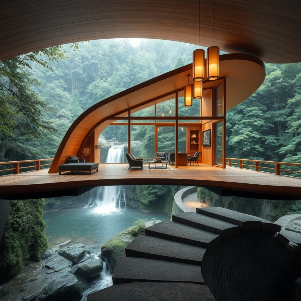 Modern architectural space with a curved roof and wooden structure, seamlessly integrated into a waterfall backdrop, featuring large glass windows and serene surroundings.