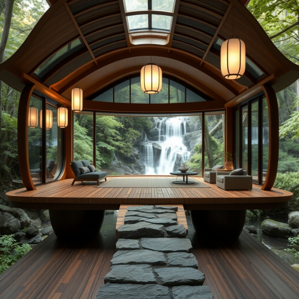 Japanese-inspired wooden pavilion with floor-to-ceiling glass walls, overlooking a cascading waterfall and surrounded by lush greenery.