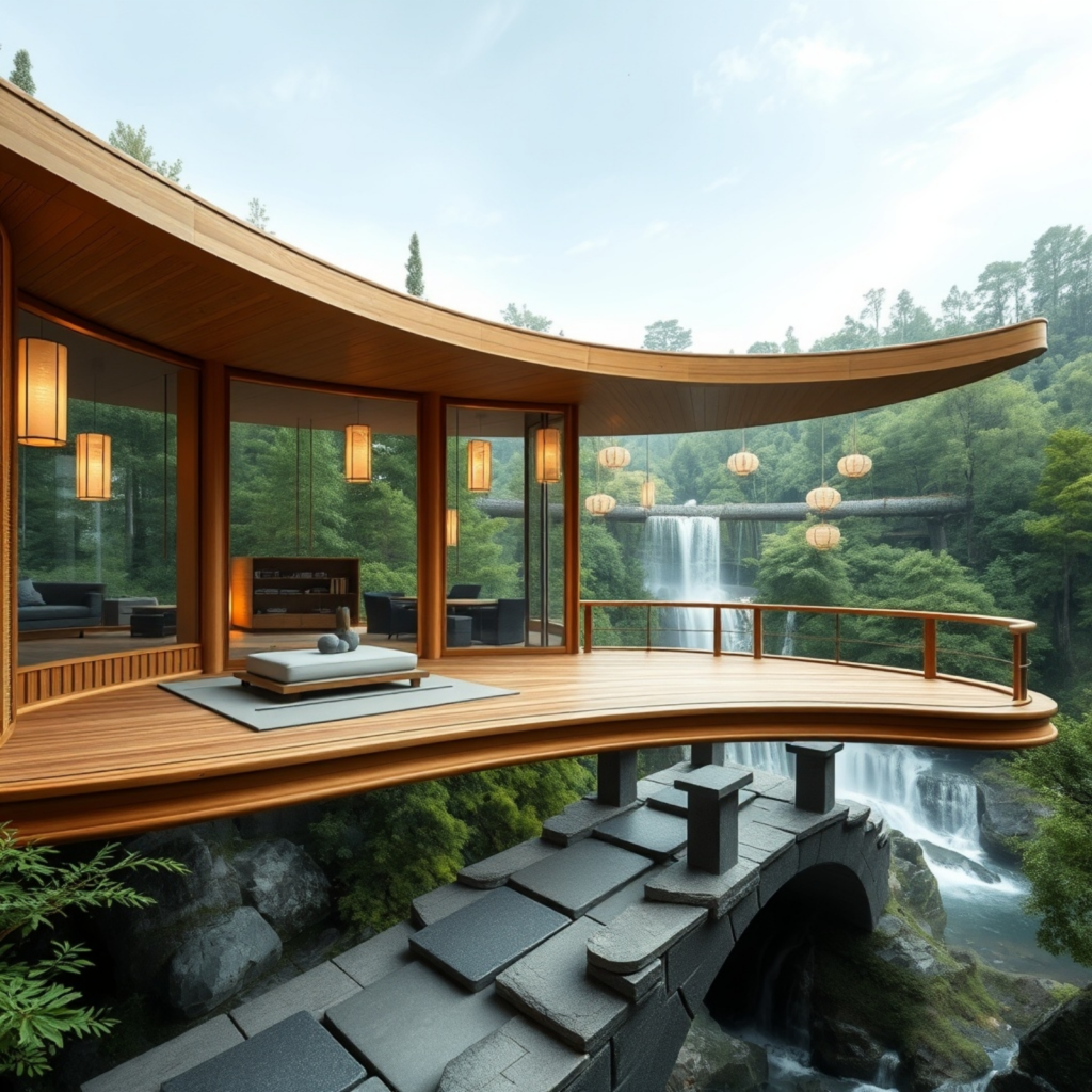 Curved Japanese-inspired pavilion with wooden flooring and glass walls, overlooking a serene waterfall and connected by a stone bridge.