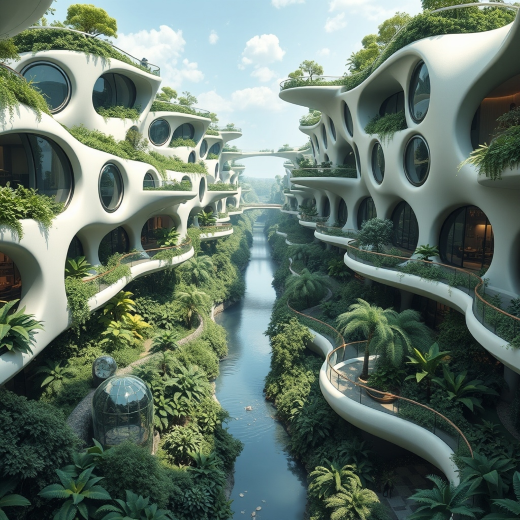 Futuristic biophilic architecture featuring flowing white structures with circular windows, lush green terraces, and a tranquil waterway running through a valley-like urban setting.
