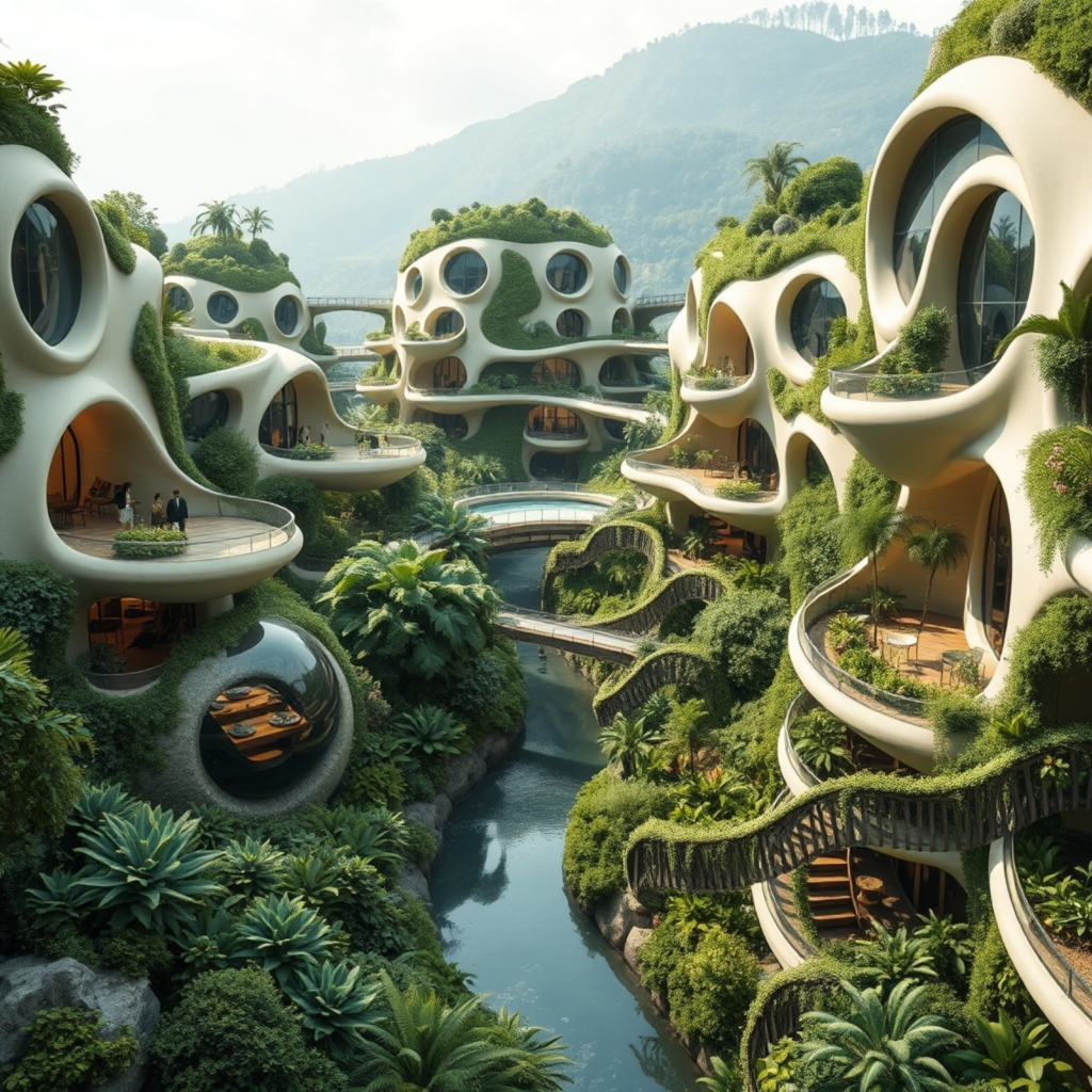 Modern biophilic architecture with interconnected buildings featuring curved, organic forms, lush greenery, and cascading terraces, centered around a tranquil waterway in a valley-like setting.