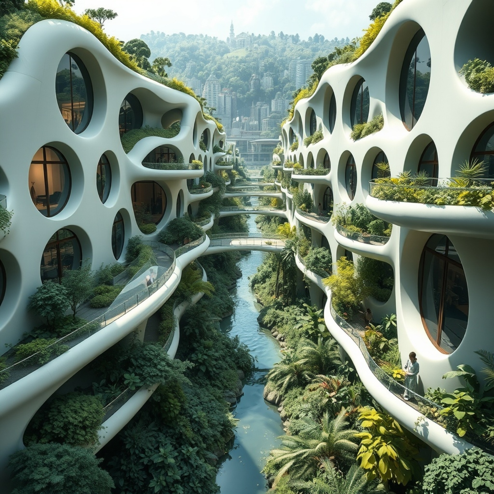 Futuristic urban architecture featuring curved buildings with circular windows, extensive greenery, and a serene central waterway, promoting sustainable living and biophilic design.