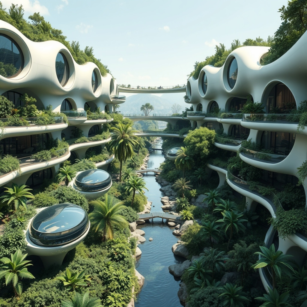 Futuristic architectural design featuring flowing buildings with organic shapes, lush greenery, and a central waterway, surrounded by elevated walkways and modern pods for a sustainable urban lifestyle.
