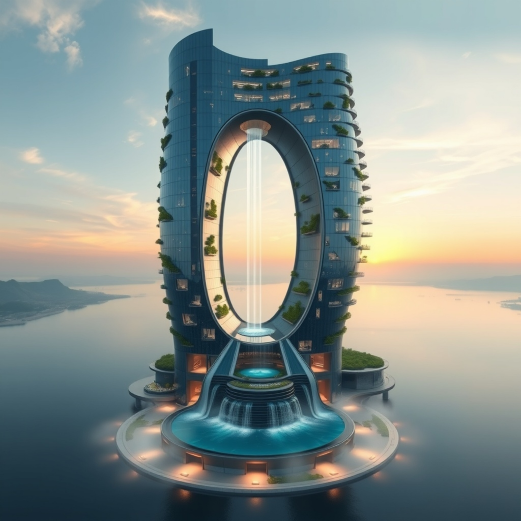 futuristic circular skyscraper with a cascading waterfall at its center, surrounded by water, reflecting an innovative architectural marvel during sunset.